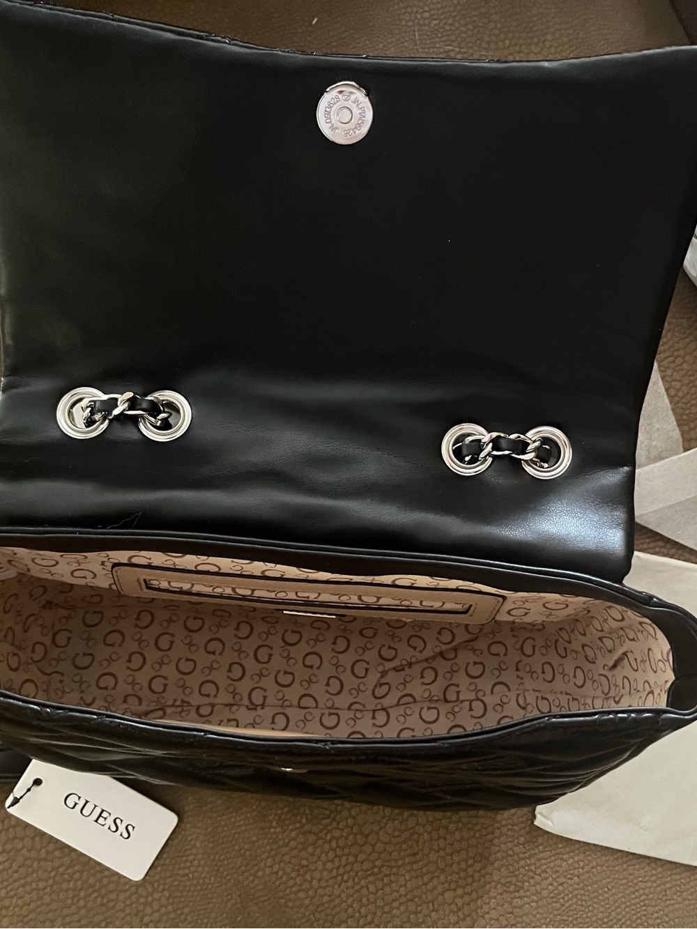 GUESS Black Quilted Shoulder Bag with Silver Chain Accents